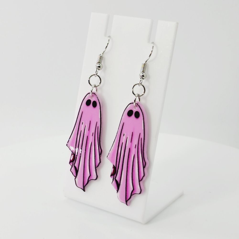 Fashion Pink Pastel Goth Gothic Halloween Ghost Dangle Earrings - Picture 3 of 5